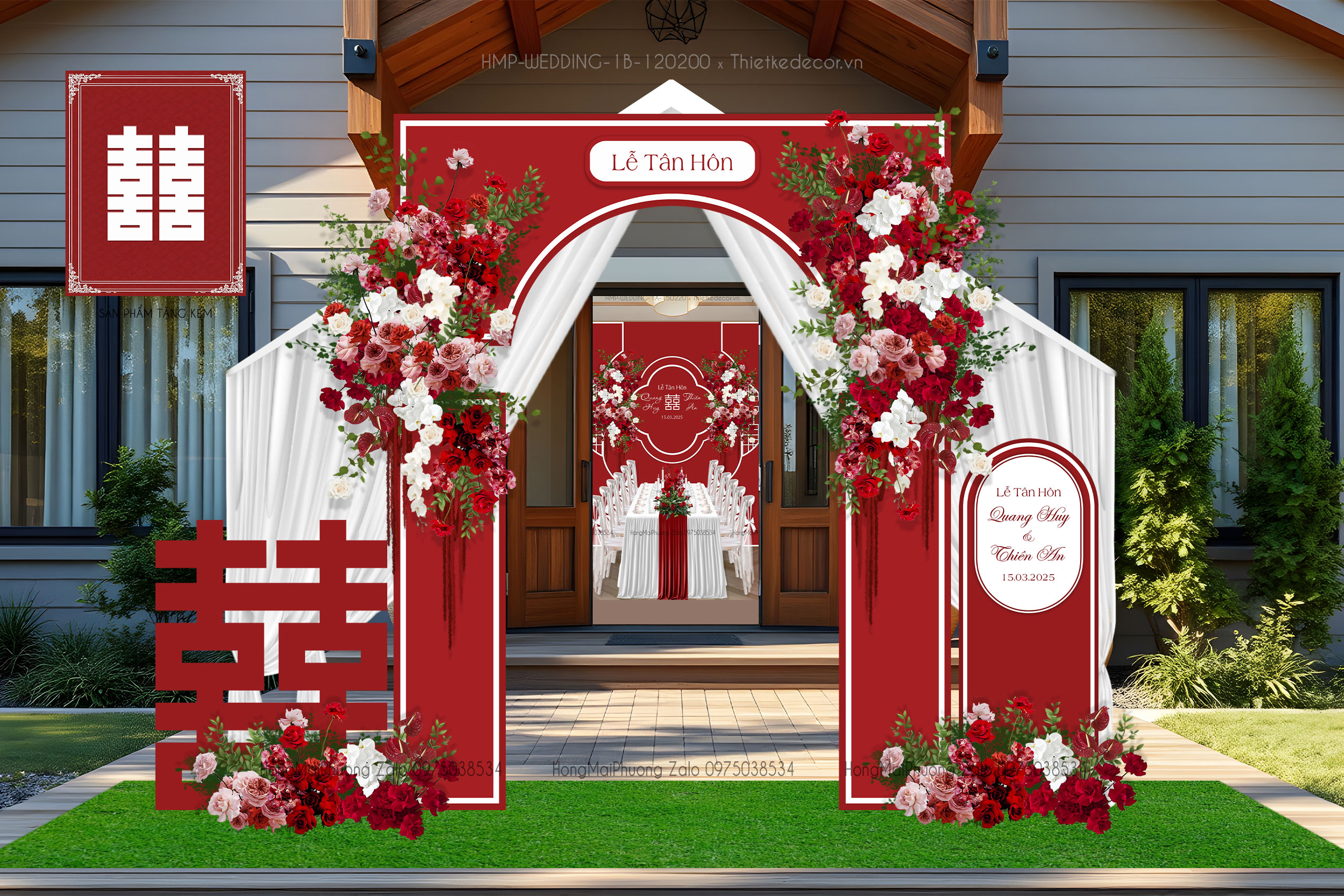 Cổng cưới tone đỏ ( tặng kèm thùng tiền )